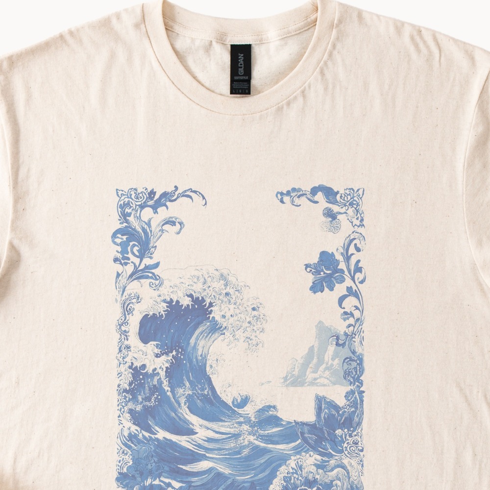 Ornamental Wave Graphic Tee Blue White Engraved Style